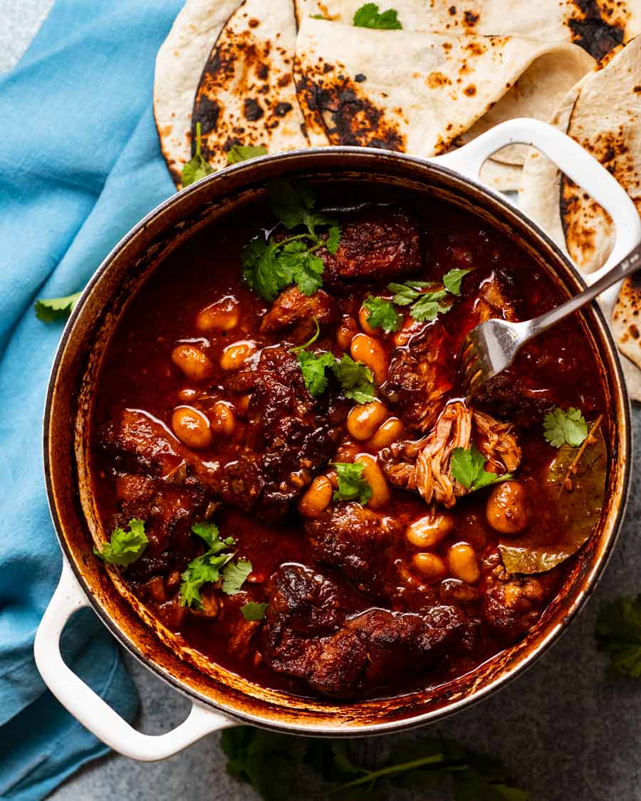 Pot of freshly cooked Mexican Chipotle Pork and Beans