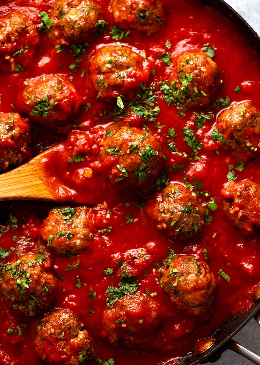Overhead photo of Mexican Meatballs in a black skillet, ready to be served