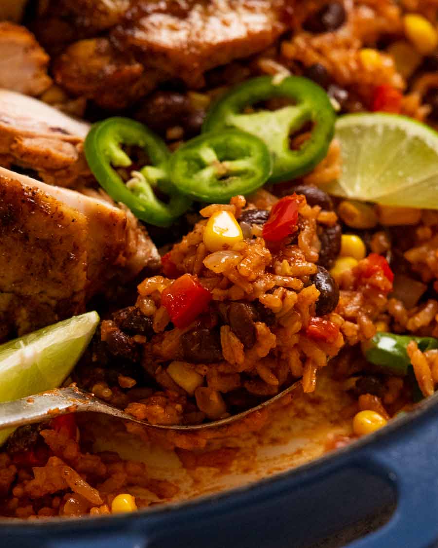 Close up of Mexican rice in One Pot Mexican Chicken and Rice