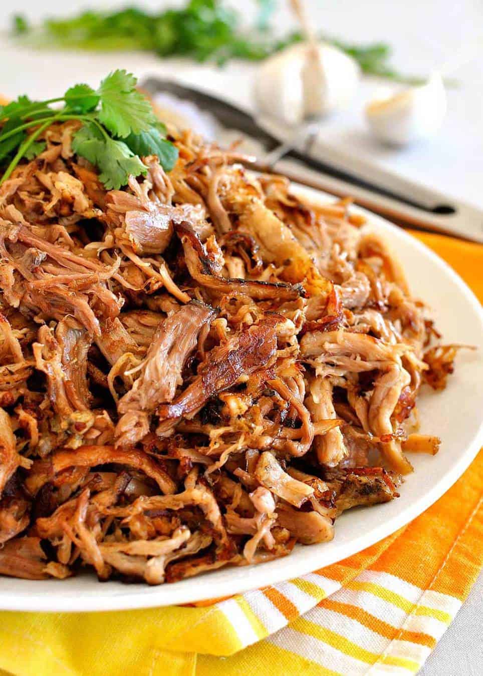 Pile of golden, crispy and juicy Pork Carnitas on a white plate.