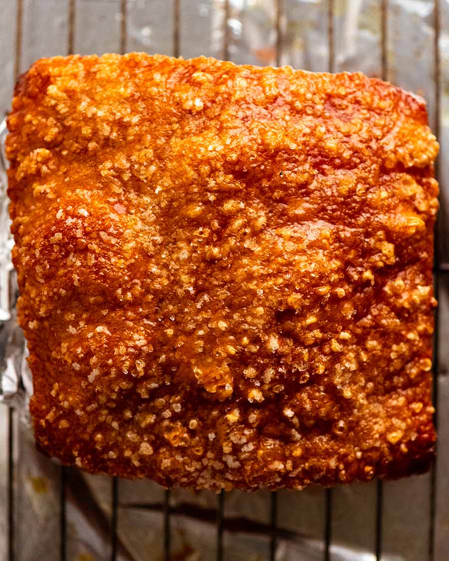 Close up photo go crispy crackling of Slow Roasted Pork Belly