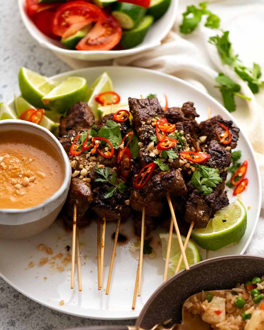 Freshly cooked Thai Beef Satay on a plate
